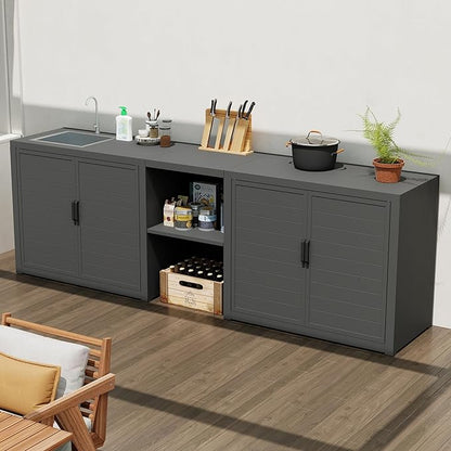 Domi Outdoor Kitchen with Stainless Steel Sink, Aluminum Outdoor Prep Table & Storage Cabinet, 3-Piece All Weather Patio Modular Station for Backyard, Dark Grey
