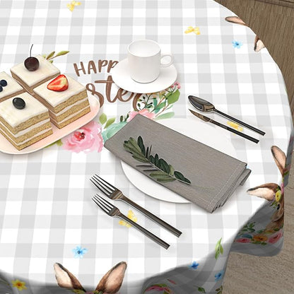 Sweetshow Happy Easter Wreath Table Cloth Round Colorful Flowers Grey White Buffalo Plaid Rabbit Tablecloth 70 Inch Decor Washable Stain and Wrinkle Spring Floral Round Table Cover for Dining Picnic