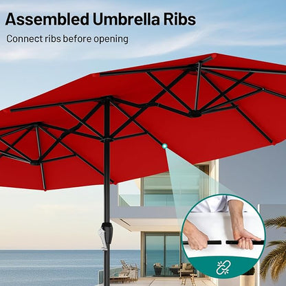 AreShark 15ft Patio Umbrella with Base, Double Sided Outdoor Umbrella with 12 Fiberglass Ribs, Large Outdoor Umbrella for Garden, Pool, Deck, Backyard & Market, Red