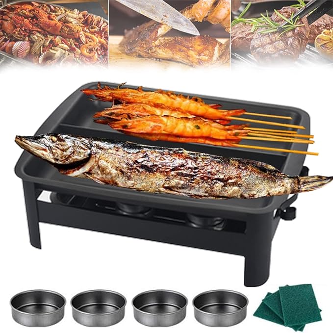 Teppanyaki Grill and Portable Charcoal Alcohol Barbecues Grill Stainless Steel Griddle Pan, Camping BBQ Grilling and Grilled Fish Stove for Indoor Outdoor (45 * 34.5cm)