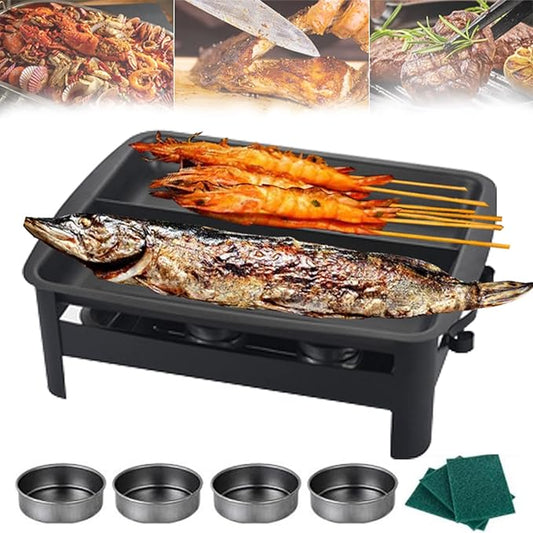 Teppanyaki Grill and Portable Charcoal Alcohol Barbecues Grill Stainless Steel Griddle Pan, Camping BBQ Grilling and Grilled Fish Stove for Indoor Outdoor (45 * 34.5cm)