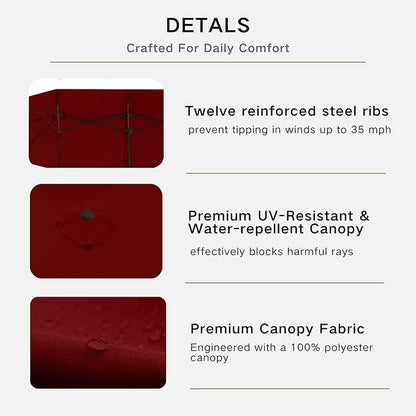 Kingdura 13ft Large Patio Umbrella with Base Included, Double-Sided Rectangle Outdoor Table Umbrella with 12 Reinforced Ribs, Crank Lift for Market Pool Deck Backyard, Dark red
