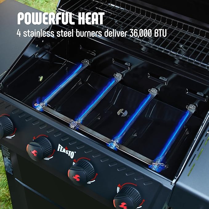Feasto 4-Burner Gas BBQ Grill with Side Tables, 36,000 BTU Outdoor Propane Grill with Premium Enameled Coated Chamber Body & Porcelain-Enameled Grates for Deck Party & Patio BBQ, 559 Sq. In., Black