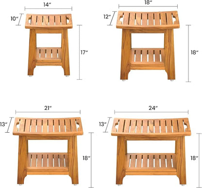NNN 14" Compact Teak Shower Stool with Japan-Made Non-Slip Leveling Feet | US Patented Design, Marine-Grade Hardware, Pre-Oiled European Teak Oil, Ready, 300lb, for Small Baths Tubs & Outdoor Pools