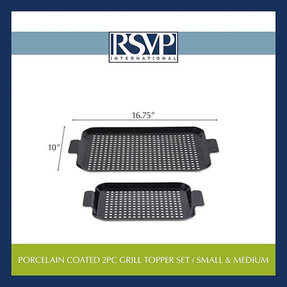 RSVP International Porcelain Coated Steel BBQ Grill Tray/Pan, Outdoor Barbeque Grilling Accessories for Cooking Fish & Vegetables, Dishwasher Safe, Small, 13x7.25/Medium, 16.75x10"