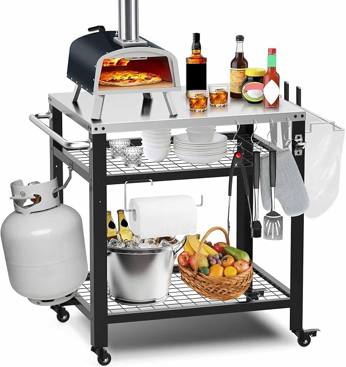 M METERXITY Stainless Steel Pizza Oven Table for Ooni, 32"x 24" Three-Shelf | Stainless Steel Outdoor Grill Cart Table, Outside BBQ Food Prep, 650 lbs, Multifunctional Area for Pizza Ovens Stand, Griddle