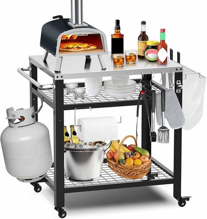 M METERXITY Stainless Steel Pizza Oven Table for Ooni, 32"x 24" Three-Shelf | Stainless Steel Outdoor Grill Cart Table, Outside BBQ Food Prep, 650 lbs, Multifunctional Area for Pizza Ovens Stand, Griddle