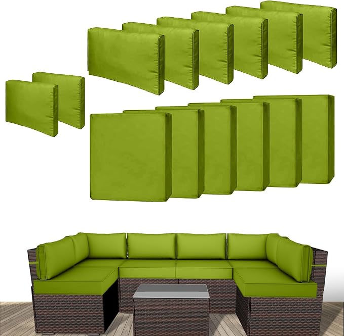 14 Piece Outdoor Patio Cushion Cover Replacement, Waterproof Patio Cushion Covers, Outdoor Furniture Cushion Covers Set for 6 Seat Wicker Rattan Sofa (Grass Green)