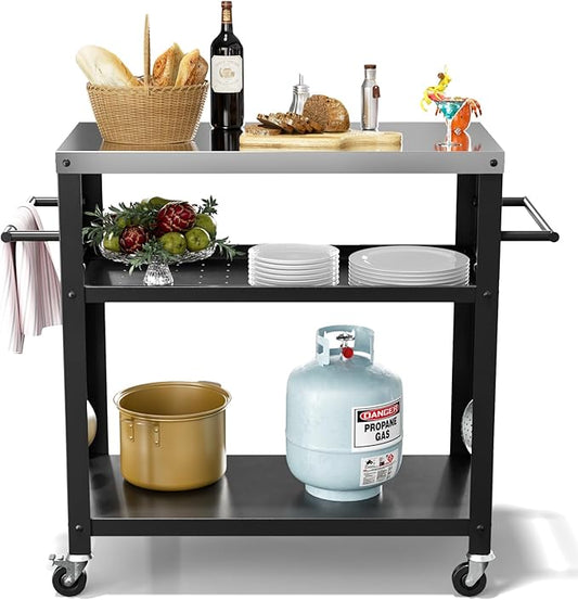 Nessxa Outdoor Grill Cart with Three-Shelf, Stainless Steel Pizza Oven Table for Outside, Dining Kitchen Cart with Two Side Handle, Garden Patio BBQ Kitchen Food Prep Table Cart (Black)