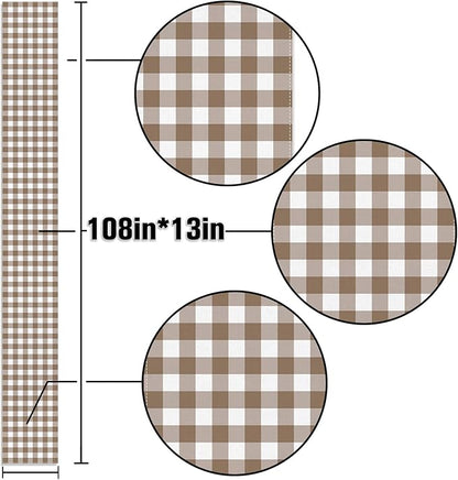 Khaki Gingham Table Runner Light Brown and White Checkered Birthday Wedding Baby Shower Party Decoration BBQ Picnic Home Kitchen Table Decor (Khaki, 13" x 108")