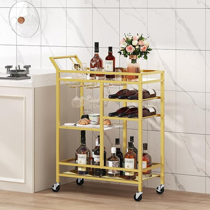 MAHANCRIS Bar Cart for Home, 3-Tier Serving Cart with Mirrored Top, Beverage Cart with Wine Rack and Glass Holder, Drink Cart with Wheels, for Dining Room, Living Room, Gold and White RCJM7101