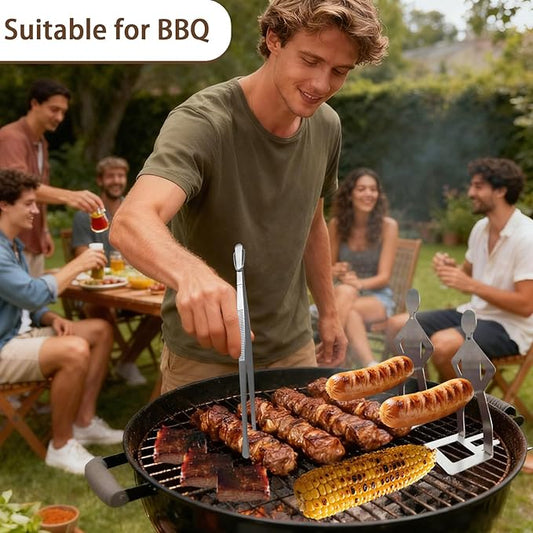 2 PCS Funny BBQ Stand Hot Dog Holder with Fine Long Rounded Tips Tweezer Tongs,Portable Hot Dog Roaster,Reusable Stainless Steel Cooking Kit for Kitchen,BBQ,Plating,Serving,Grill Accessories