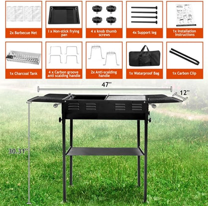 Adjustable Height Charcoal Grill, Large Cooking Area, Foldable with Side Shelves for 8-12 People Backyard Parties