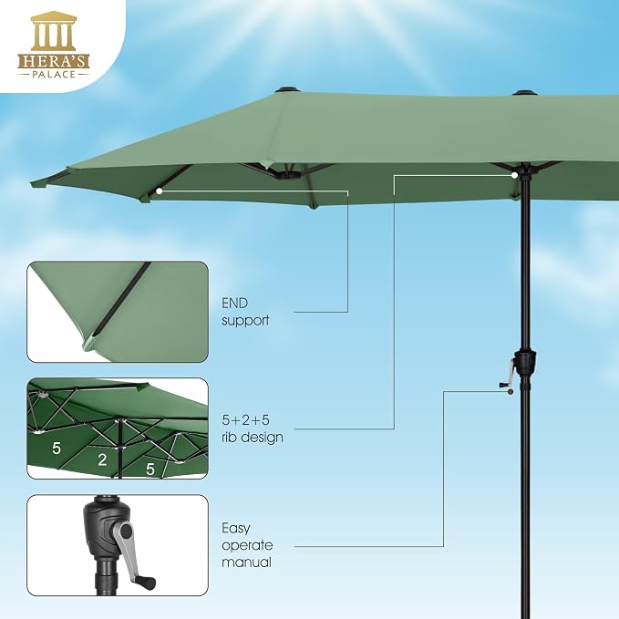 HERA'S PALACE 13 ft Large Patio Umbrella, Double-Sided Twin, Outdoor Market Umbrella with Crank Handle, Powerful UV Protective, Mint