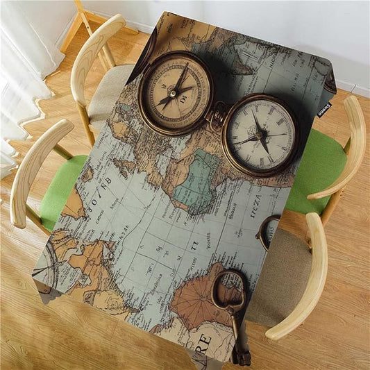 Swono Ancient World Map Table Cloth Rectangle Tables Retro Compass Skeleton Key Bronze Coin Kitchen Table Cover Oblong 52"X70" Tablecloth for Dining Table Buffet Parties Patio Camping