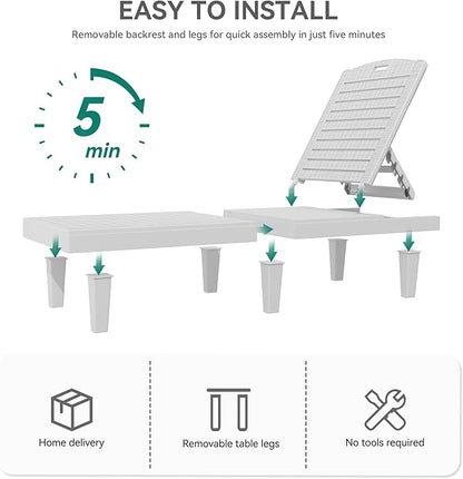 YITAHOME Outdoor Chaise Lounge Chair, Plastic Pool Chaise Lounge with 5-Position Backrest, Easy Assembly & Waterproof for Patio & Poolside, Set of 4, Grayish-White