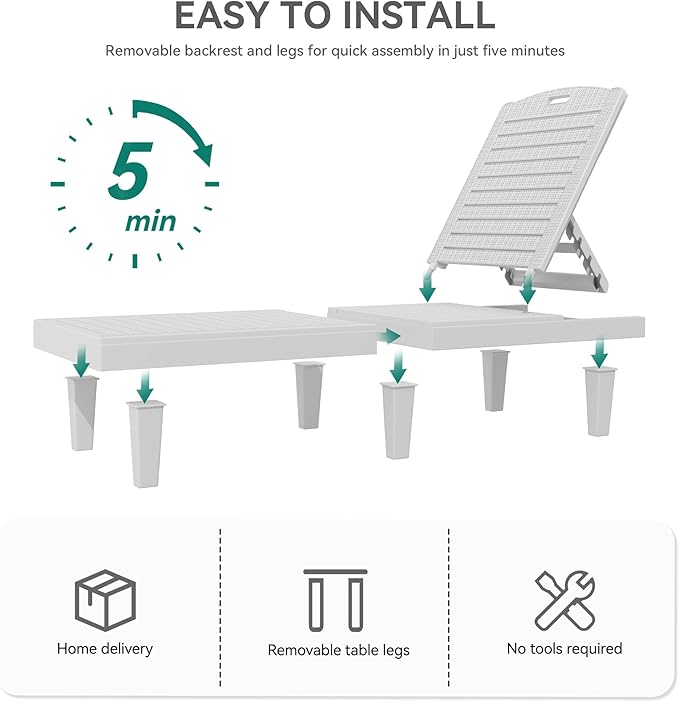 YITAHOME Outdoor Chaise Lounge Chair, Plastic Pool Chaise Lounge with 5-Position Backrest, Easy Assembly & Waterproof for Patio & Poolside, Grayish-White