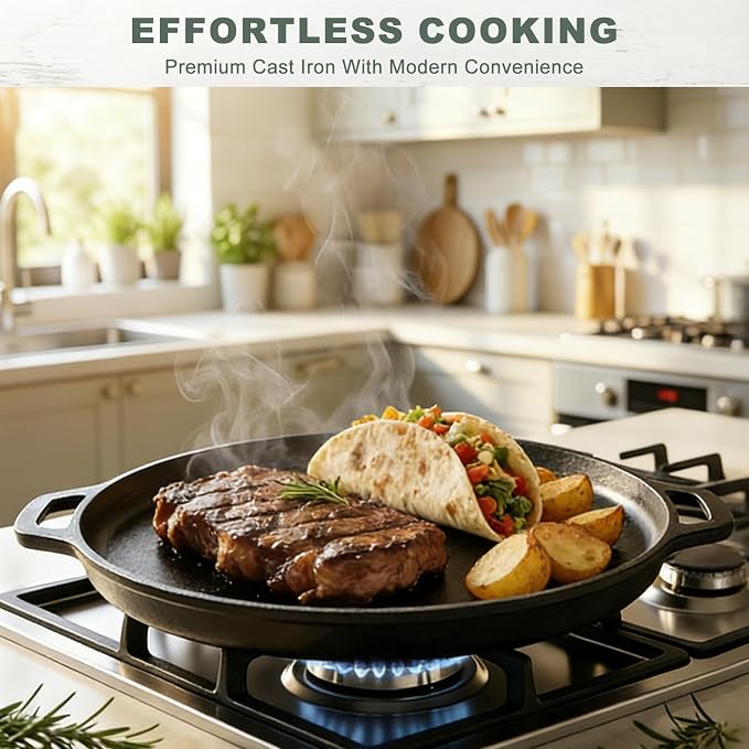 12" Nonstick Comals Para Tortillas -Cast Iron Griddle Pan, Dishwasher Safe Round Skillet with Handles for Stove Top, Oven, Grill & Camping –Versatile Flat Top for Pancakes&Meats