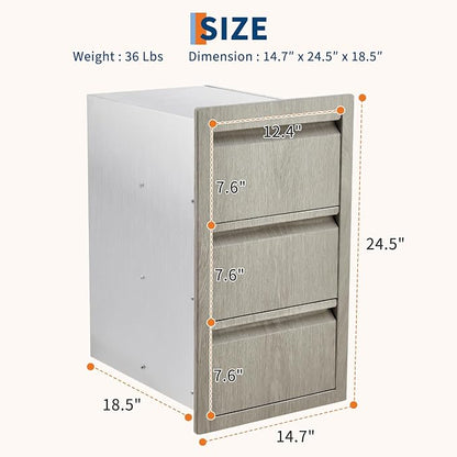 PeakPursuit Stainless Steel Outdoor Kitchen Triple Drawers - Heavy Duty with Handles, Weather-Resistant Flush Mount for BBQ Island, Patio Grill, 14.7" W x 18.5" D x 24.5" H