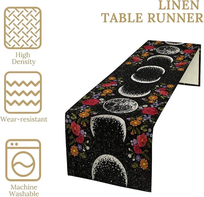 Boho Moonlit Garden Flower Table Runner,Moon Phase Floral Long Table Runner Cover for Wedding Kitchen Party Holiday Dining Home Everyday 13x60 Inch