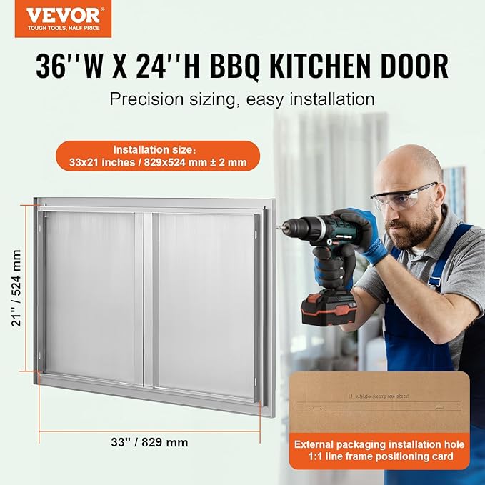 VEVOR BBQ Access Door, 36W x 24H Inch Double Outdoor Stainless Steel Flush Mount Vertical Door with Recessed Handles for BBQ Island, Grilling Station