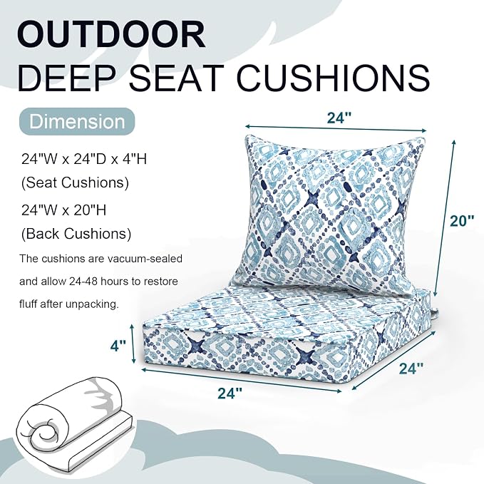 DYTXIII Outdoor Deep Seat Cushion Set, Water Repellent 24"x24" Patio Thick Cushions Replacement with Seat & Back Pillow for Patio Sofa, Wicker Chair, Couch - Boho Geometry Blue