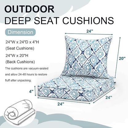 DYTXIII Outdoor Deep Seat Cushion Set, Water Repellent 24"x24" Patio Thick Cushions Replacement with Seat & Back Pillow for Patio Sofa, Wicker Chair, Couch - Boho Geometry Blue