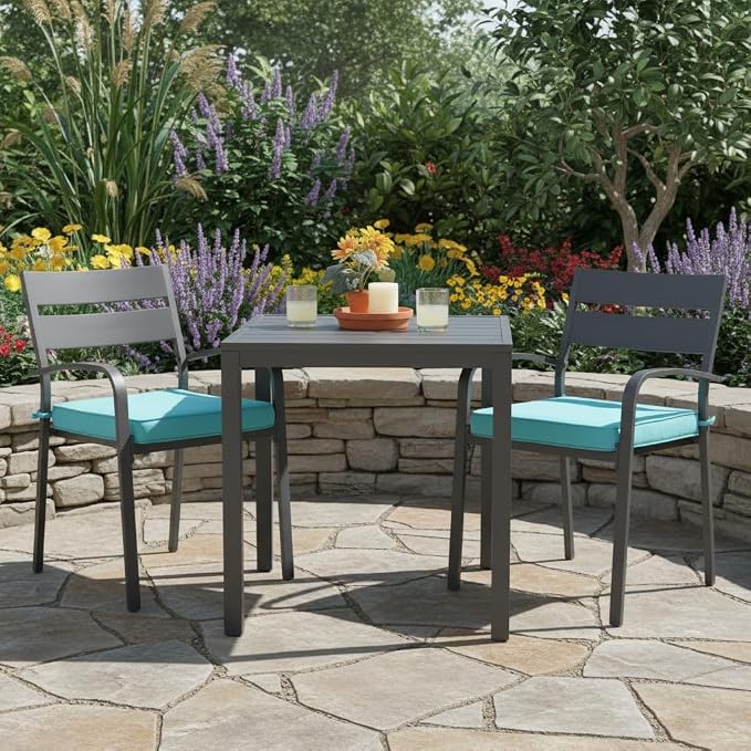 Outdoor 18 inch Square Patio Dining Chair Pads – Comfortable Fiber-Filled Seat Cushions with Ties, Reversible Polyester Fabric - Teal, Set of 2