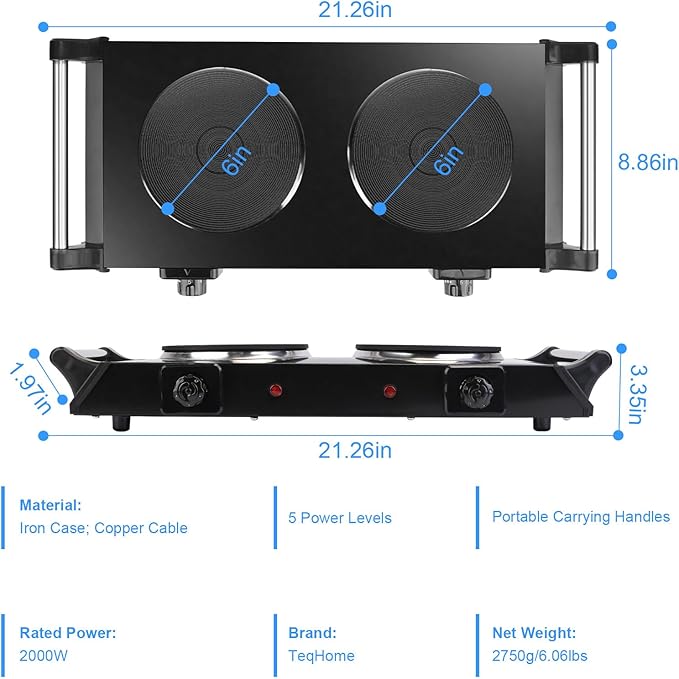 2000W Hot Plate,Portable Electric Stove Countertop Double Burners W/5 Level Temperature Control & Stay Cool Handles, Easy to Clean, Lightweight Cast Iron Electric Stove for RV/Home/Camp 110V