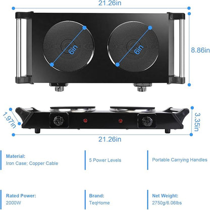 2000W Hot Plate,Portable Electric Stove Countertop Double Burners W/5 Level Temperature Control & Stay Cool Handles, Easy to Clean, Lightweight Cast Iron Electric Stove for RV/Home/Camp 110V