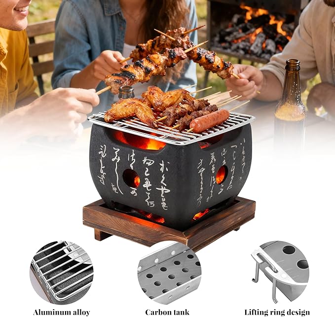 Topyond Japanese Charcoal Grill, Hibachi & Yakitori Grill, Portable Heat-Resistant BBQ Stove, Multi-Functional Fast Heating for Yakiniku, Robata, Indoor/Outoor BBQ Cooking(6.5x5.7in)