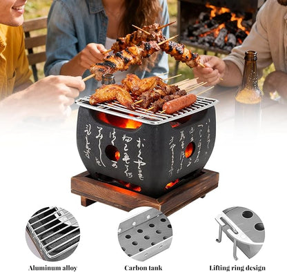 Topyond Japanese Charcoal Grill, Hibachi & Yakitori Grill, Portable Heat-Resistant BBQ Stove, Multi-Functional Fast Heating for Yakiniku, Robata, Indoor/Outoor BBQ Cooking(6.5x5.7in)