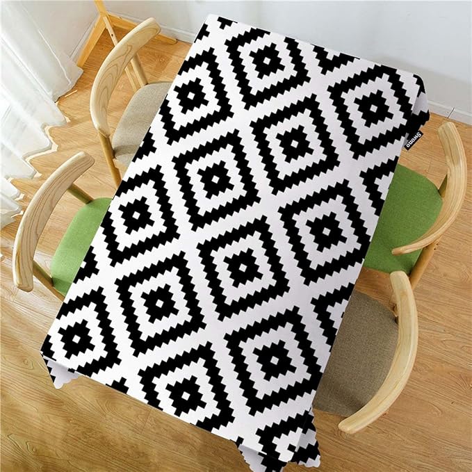 Swono Rhombus Tablecloth Ethnic Diamond White Black Table Cloth Geometric Rhombus Decorative Table Cover for Kitchen, Party Banquet and Holiday Tablecloth, 52x70 Inch(4-6 Seats)