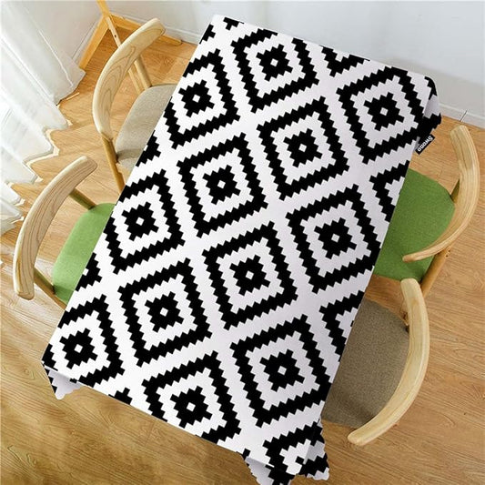 Swono Rhombus Tablecloth Ethnic Diamond White Black Table Cloth Geometric Rhombus Decorative Table Cover for Kitchen, Party Banquet and Holiday Tablecloth, 52x70 Inch(4-6 Seats)