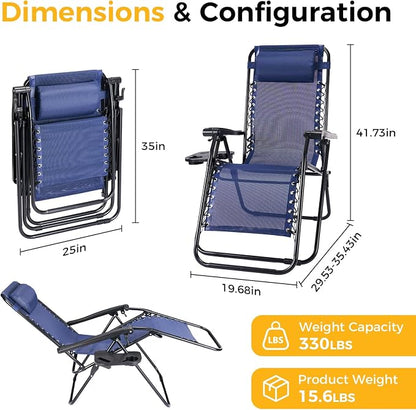 NEWBULIG Zero Gravity Chairs Set of 2, Folding Lounge Recliner Chair | Portable Lawn Camping Recliner with Adjustable Pollow, Mesh Back, Cup Holder Trays for Pool Beach Patio, Navy Blue