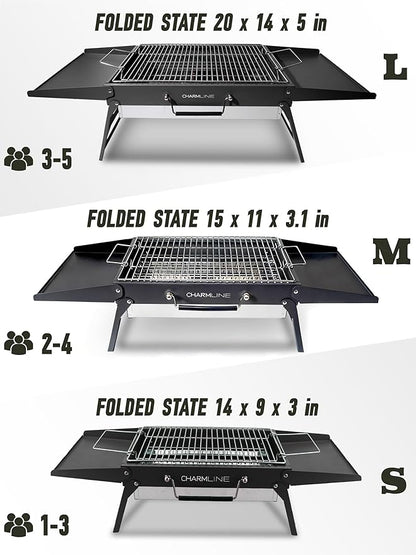Charmline 15x11 inches Portable Charcoal Grill, Compact Portable BBQ Grill, Tabletop Charcoal Grills for Camping, Picnics, Gardens and Beach Parties, Black