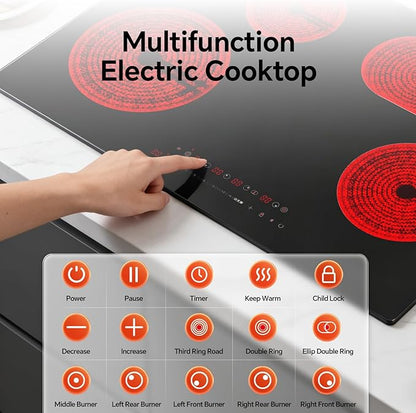 Ranein 30 Inch 4 Burner Electric Cooktop, Max 7900W 240V Ceramic Panel Built-in Electric Stove Top, with Child Safety Lock, Timer, Over-Temperature Protection