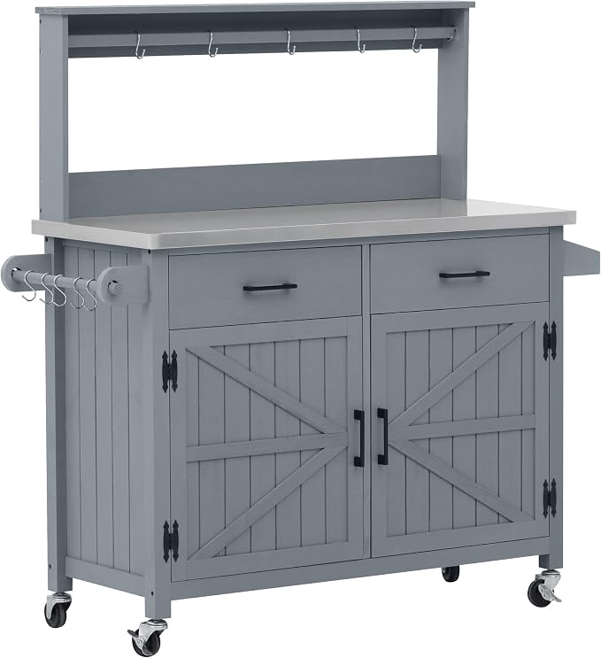 Outdoor Kitchen Island with Stainless Steel Top, 54.1 Inch | Solid fir wood frame, 201 stainless steel surface, high shelf, 10 hooks, side racks, lockable wheels, for BBQ, patio, garden