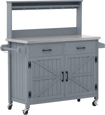 Outdoor Kitchen Island with Stainless Steel Top, 54.1 Inch | Solid fir wood frame, 201 stainless steel surface, high shelf, 10 hooks, side racks, lockable wheels, for BBQ, patio, garden
