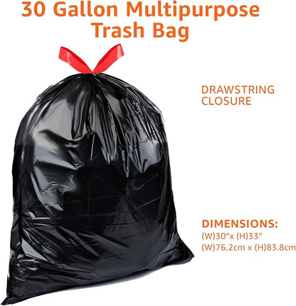 Amazon Basics Multipurpose Drawstring Trash Bags, 30 Gallon Capacity, Tear Resistant, 50 Count (Previously Solimo)