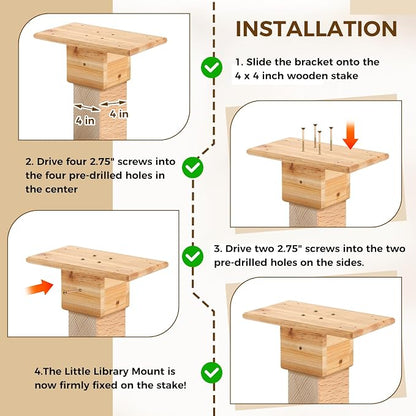 Threehoney Outdoor Little Library Mount 14x8x5.91 Inch Stable Wood Storage Box Bracket Holder Suitable for 4x4 Post with Mounting Accessories for Community Cabinet Lending Library Box(Wood Color)