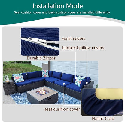 Outdoor Cushion Covers Replacement 14 Pcs, Blue | Patio Cushion Covers fit for 7Pieces 6-Seater Wicker Rattan Sectional Couch Sofa Outdoor Cushion Slipcovers Set
