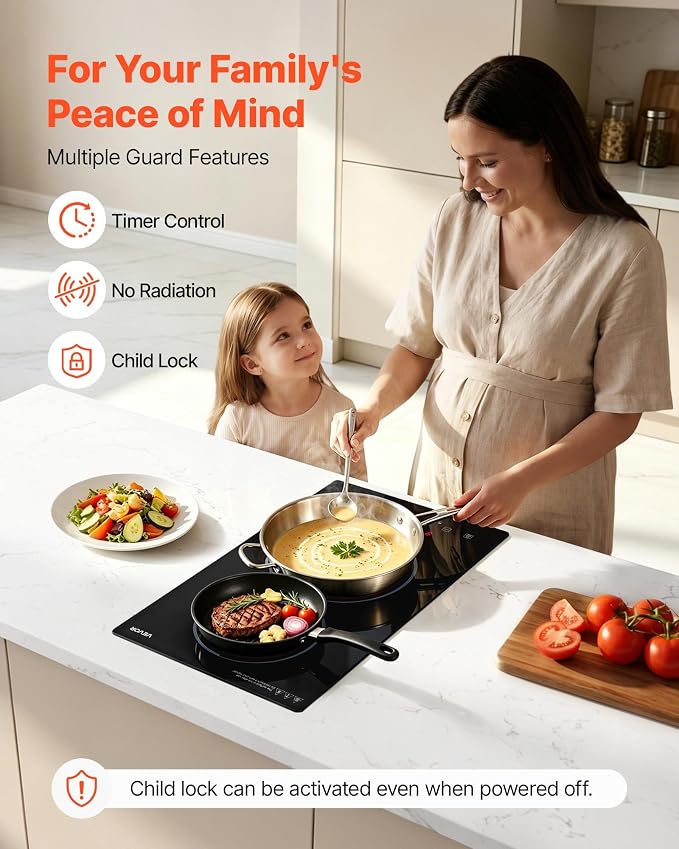 VEVOR Electric Cooktop 12inch 2 Burners Stove Top 3000W 220V No Plug, Ceramic Built-in Radiant Electric Stove, with 9 Power Levels, Timer, Child Lock, Over-Heat Guard, Touch Control