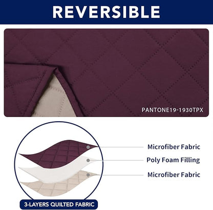 PureFit Water Resistant Reversible Loveseat Recliner Cover for Double | Double with Console, Non Slip Split Sofa Cover, Washable Reclining Cover, Wine/Beige