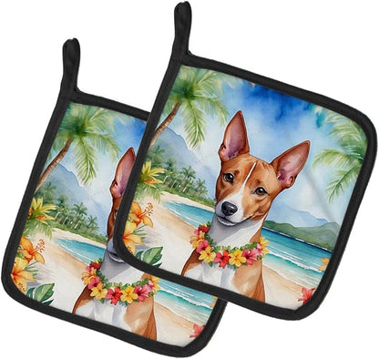 Caroline's Treasures Basenji Luau Pair of Pot Holders Kitchen Heat Resistant Pot Holders Sets Oven Hot Pads for Cooking Baking BBQ, 7 1/2 x 7 1/2