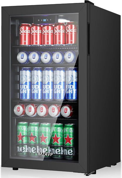 120 Can Beverage Refrigerator, Freestanding Beverage Cooler with Digital Temperature Display, Mini Drink Beer Soda Fridge for Office or Bar, White Indicator Light & Reversible Door - Black