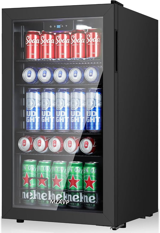 120 Can Beverage Refrigerator, Freestanding Beverage Cooler with Digital Temperature Display, Mini Drink Beer Soda Fridge for Office or Bar, White Indicator Light & Reversible Door - Black