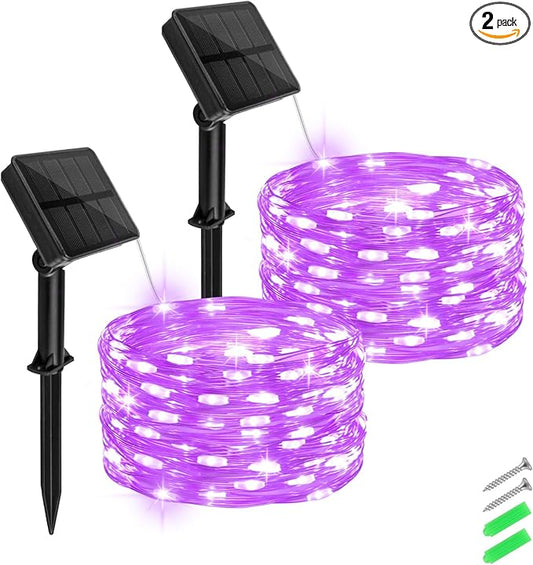 Solar Fairy Lights Purple Outdoor Waterproof, 16.4ft 50LED Halloween String Lights for Outside, 8 Modes, 2 Packs for Patio Backyard Garden Decorations
