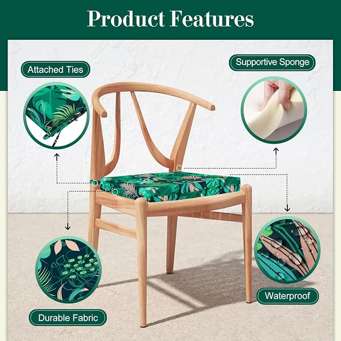 Cozyide Outdoor Chair Cushions, Waterproof Patio Seat Cushions with Adjustable Straps, Square Corner Patio Chair Cushions for Garden, Green Leaf, 18.5x16x3 Inch (Pack of 4)