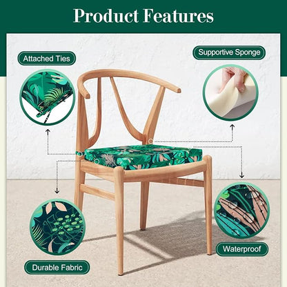 Cozyide Outdoor Chair Cushions, Waterproof Patio Seat Cushions with Adjustable Straps, Square Corner Patio Chair Cushions for Garden, Green Leaf, 18.5x16x3 Inch (Pack of 4)
